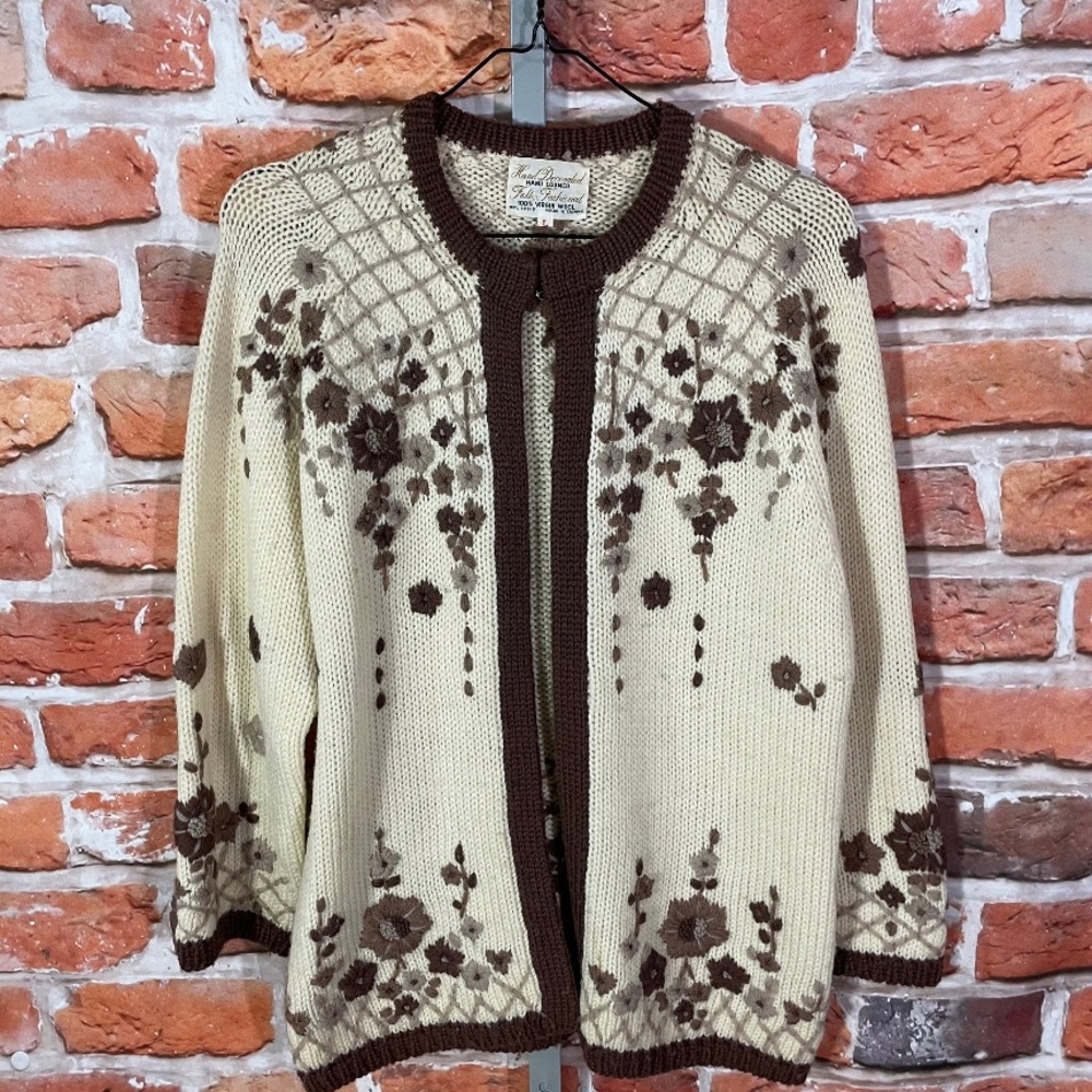 Vintage wool hand loomed open cardigan sweater fits L/M grandma brown flowers